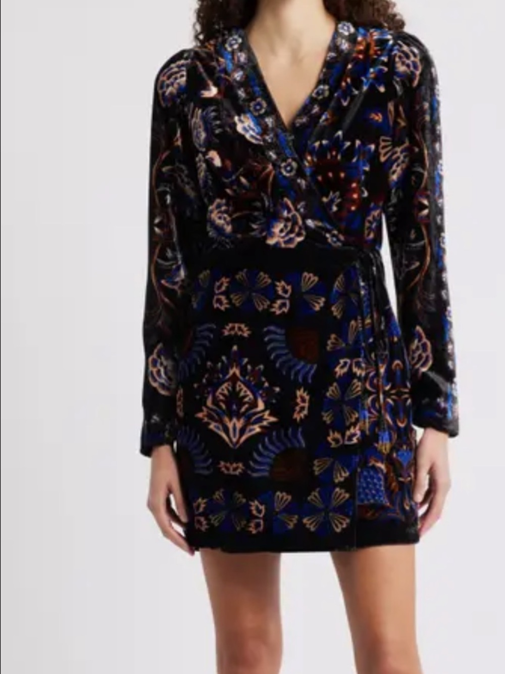 FARM Rio Arabesque Velvet Wrap Mini Dress Anthropologie New XL Black Blue